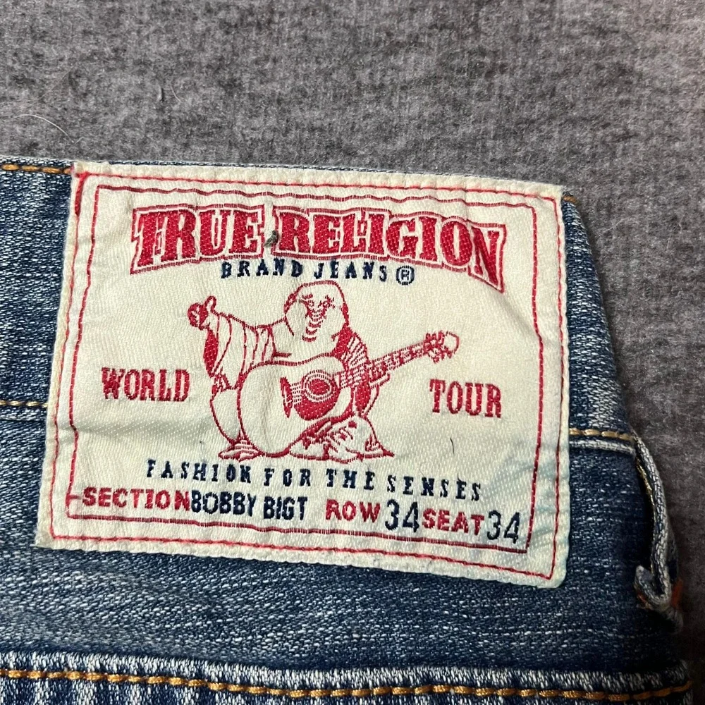 True Religion Bobby Big T Baggy Flared Jeans Blue Distressed Mens 34x34 y2k Keef